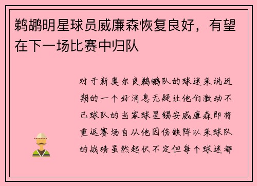 鹈鹕明星球员威廉森恢复良好，有望在下一场比赛中归队
